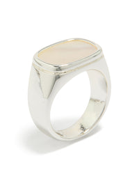 A waterproof stainless steel square shell signet ring in silver and clear tones, designed as a statement piece side detail view - link has visual effect only