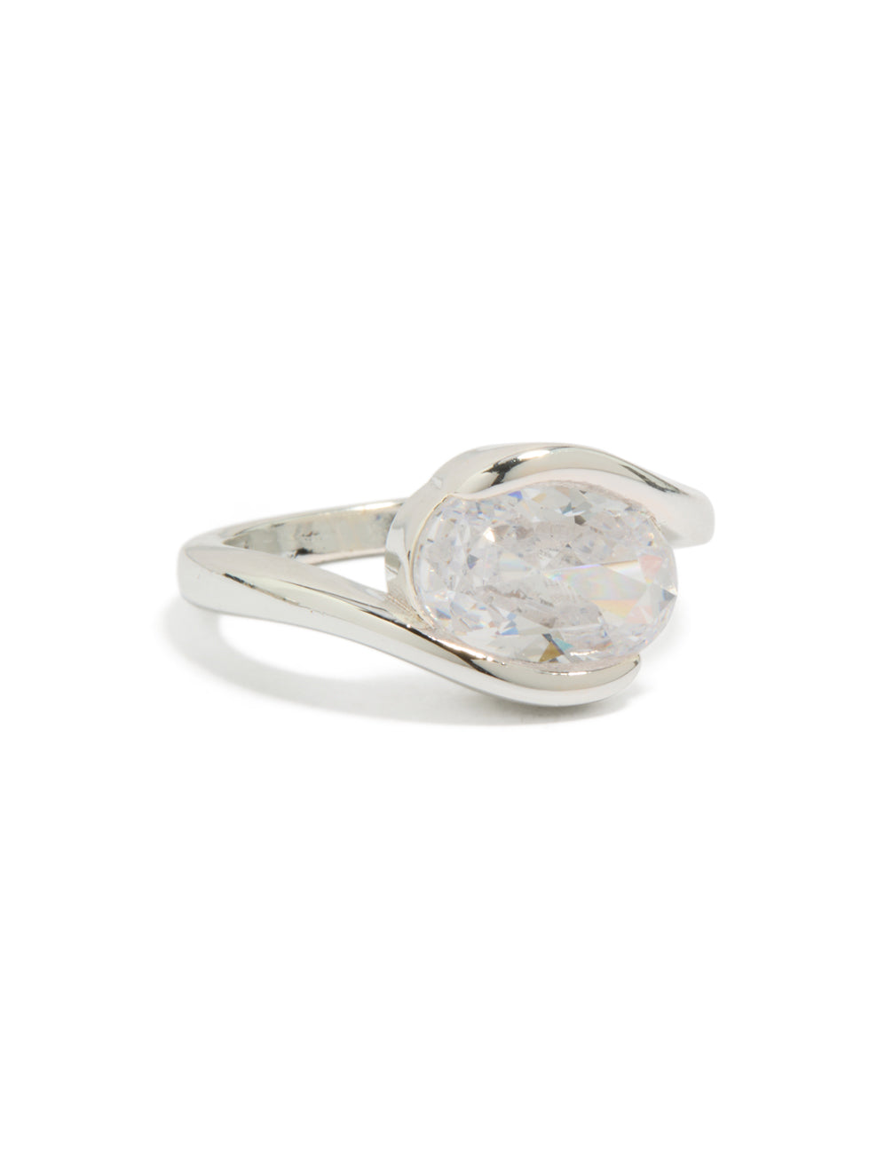 Showcasing a silver plated cubic zirconia large round swivel ring with statement styling front view