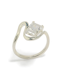 Showcasing a waterproof stainless steel wavy clear cubic zirconia statement ring in silver front view - link has visual effect only
