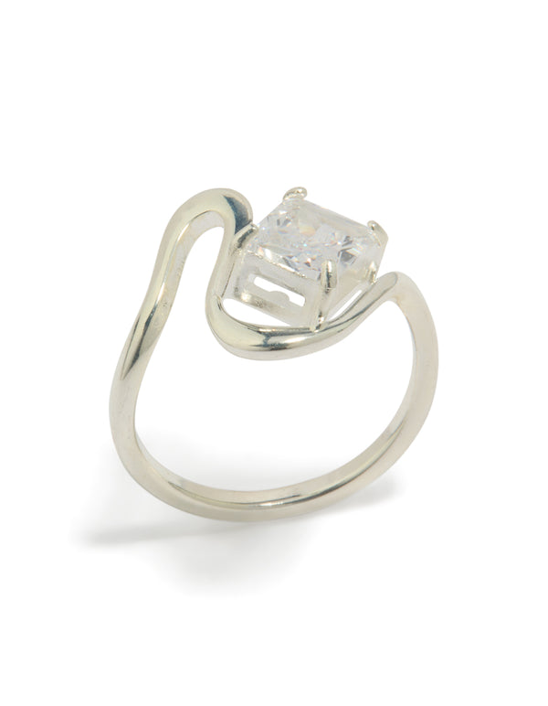 Showcasing a waterproof stainless steel wavy clear cubic zirconia statement ring in silver front view