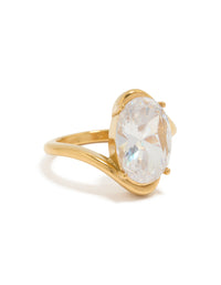 Showcasing a waterproof statement ring crafted from stainless steel with oval cut crystal and cubic zirconia in gold plated finish front view - link has visual effect only