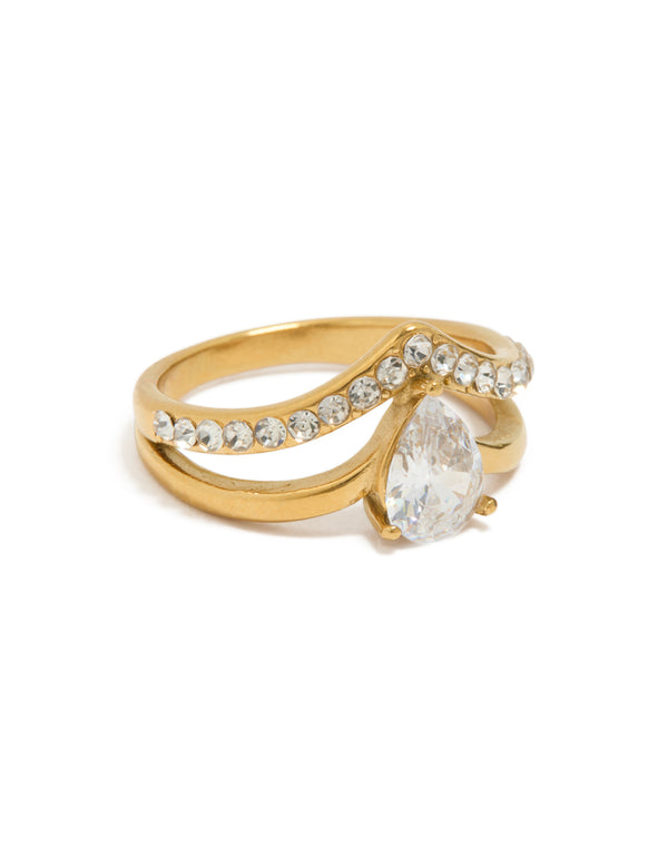 Showcasing a waterproof gold plated stainless steel layered ring with pear cubic zirconia and crystal statement design front view