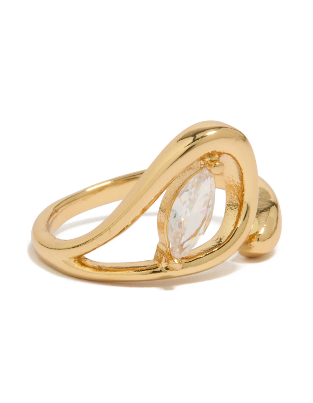 Crafted from gold plated metal this cubic zirconia abstract wrap ring in statement style side detail view
