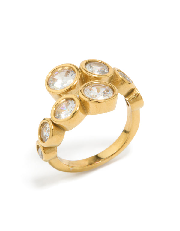 Elegant waterproof gold stainless steel cubic zirconia bezel wrap ring side detail view