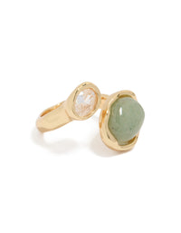 Showcasing a gold plated cubic zirconia and green stone chunky wrap ring in statement style front view - link has visual effect only