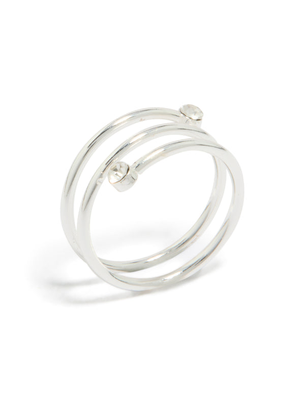 Elegant waterproof stainless steel diamante coil ring in silver and clear side detail view