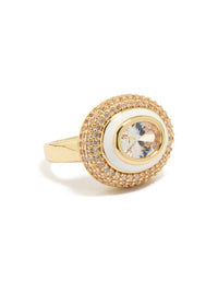 Luxurious gold plated pave cubic zirconia white enamel statement ring front view - link has visual effect only