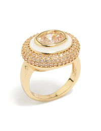 Showcasing gold plated pave cubic zirconia white enamel statement ring side detail view - link has visual effect only