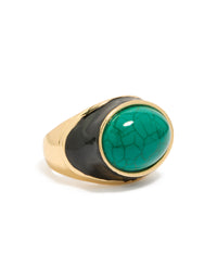 Showcasing a gold plated ring with black enamel and chunky turquoise stone side detail view - link has visual effect only