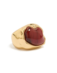 Crafted from gold plated material, this chunky ring features a molten burgundy stone in maroon front view - link has visual effect only