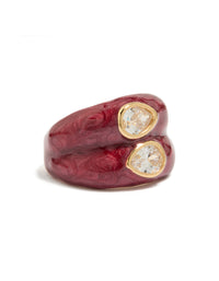 Beautifully crafted gold plated red enamel double cubic zirconia ring with glitter accents front view - link has visual effect only