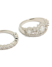 Stunning floral cubic zirconia band and stacking rings in silver with crystal details 2-pack close up view - link has visual effect only