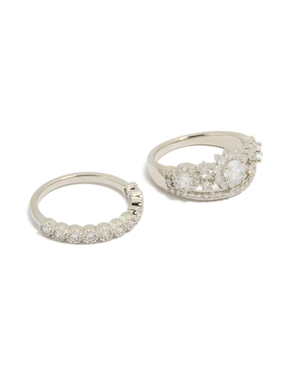 Beautifully crafted floral cubic zirconia band and stacking rings in silver featuring crystal accents 2-pack front view
