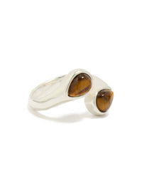 Featuring a waterproof stainless steel ring with double tigers eye stones in silver tones front view - link has visual effect only