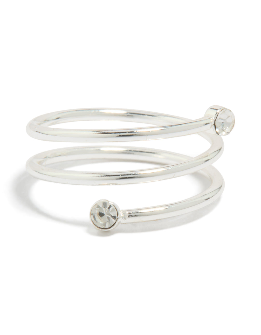 Waterproof stainless steel diamante coil ring in silver and clear front view