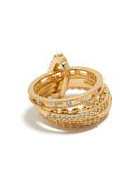 Featuring a gold plated cubic zirconia interlinked stacked ring with statement crystal design front view - link has visual effect only