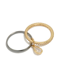 Elegant mixed metal plated cubic zirconia band and stacked ring with charm in gold and silver tones featuring white stones front view - link has visual effect only
