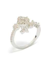 Elegant silver plated dainty cubic zirconia floral wrap ring side detail view - link has visual effect only