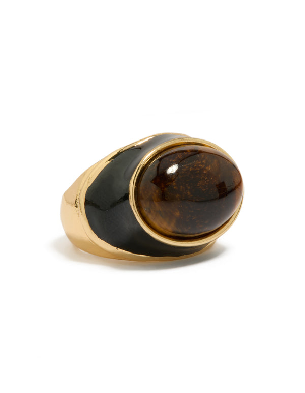 Crafted from gold plated material, this chunky ring features brown stone and black enamel side detail view