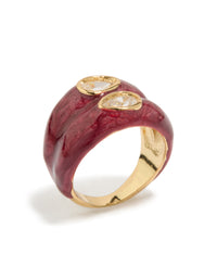 Showcasing a gold plated red enamel double cubic zirconia ring in maroon and clear side detail view - link has visual effect only