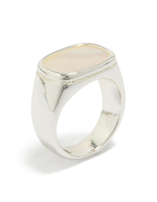 Showcasing a waterproof stainless steel signet ring with square shell detail in ivory and silver, chunky design side detail view