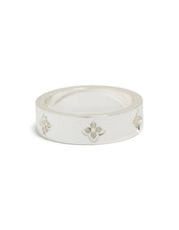 Elegant waterproof stainless steel band ring with floral cubic zirconia accents and dainty design in silver front view - link has visual effect only