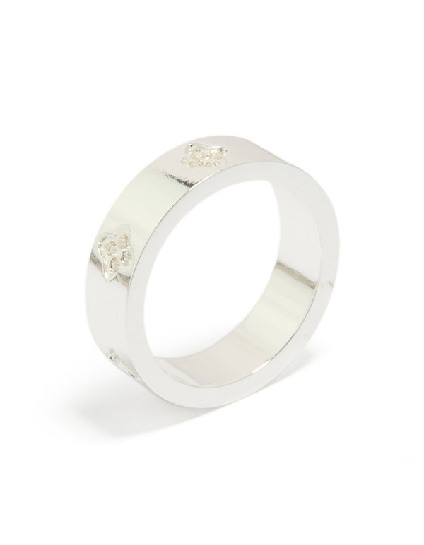 Showcasing waterproof stainless steel band ring featuring floral cubic zirconia details and dainty style in silver side detail view