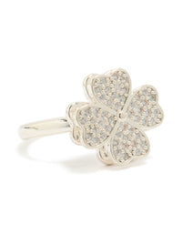 Showcasing a waterproof stainless steel spinning clover ring featuring floral and heart design with clear cubic zirconia in silver front view - link has visual effect only