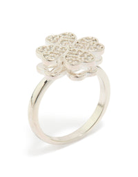 Crafted from waterproof stainless steel, this spinning clover ring with floral, heart and clear cubic zirconia in silver side detail view - link has visual effect only
