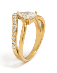 Beautifully crafted waterproof gold plated stainless steel ring with pear cut cubic zirconia in a statement layered design side detail view - link has visual effect only