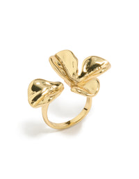 Displaying a statement gold plated molten floral wrap ring featuring sculptural band and wrap construction side detail view - link has visual effect only
