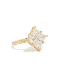 Showcasing a gold plated cubic zirconia textured square ring with statement design in clear stone side detail view - link has visual effect only