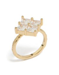Featuring a gold plated cubic zirconia textured square ring with statement design in clear stone front view - link has visual effect only