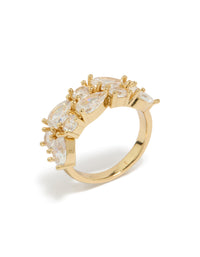 Highlighting a gold plated pear cubic zirconia band ring with statement design side detail view - link has visual effect only