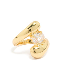 Showcasing a statement puffy wrap ring crafted from gold plated metal featuring cubic zirconia front view - link has visual effect only