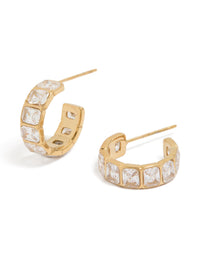 Showcasing waterproof gold plated stainless steel cubic zirconia rectangle bezel hoop earrings front view - link has visual effect only