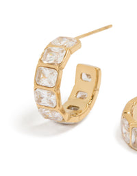 Highlighting waterproof gold plated stainless steel cubic zirconia rectangle bezel hoop earrings close up view - link has visual effect only