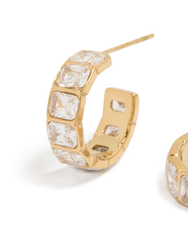 Highlighting waterproof gold plated stainless steel cubic zirconia rectangle bezel hoop earrings close up view