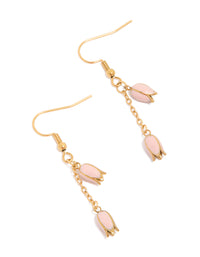 Showcasing waterproof gold plated stainless steel pink tulips drop earrings with floral design front view - link has visual effect only