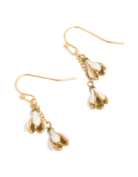 Showcasing waterproof gold plated stainless steel forget me not flower drop earrings featuring floral design in white and olive tones front view - link has visual effect only