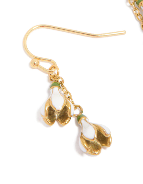 Designed with waterproof gold plated stainless steel forget me not flower drop earrings in white and olive tones close up view