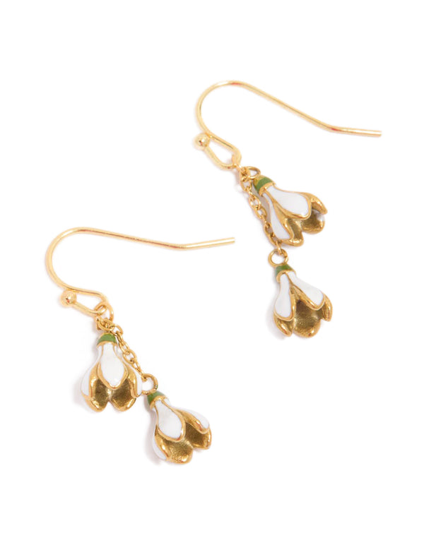 Showcasing waterproof gold plated stainless steel forget me not flower drop earrings featuring floral design in white and olive tones front view