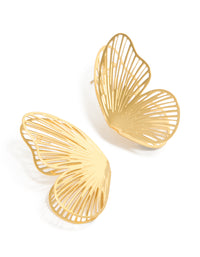 Showcasing waterproof laser cut butterfly stud earrings in gold plated stainless steel front view - link has visual effect only