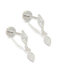 Showcasing waterproof stainless steel marquise cubic zirconia drop flat back studs with crystal detailing in silver and clear post detail view - link has visual effect only
