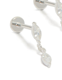 Crafted from waterproof stainless steel marquise cubic zirconia drop flat back studs with crystal in silver and clear close up view - link has visual effect only