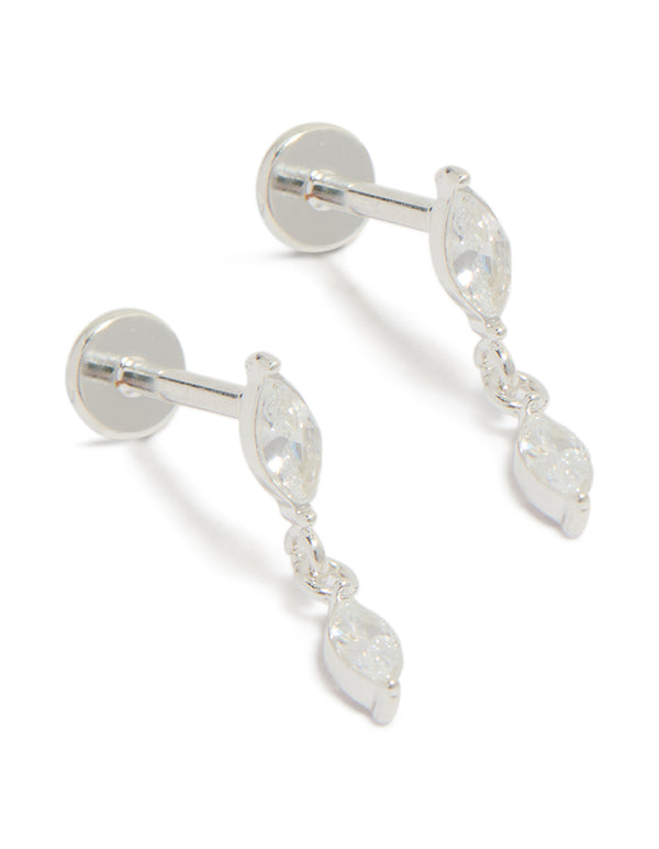 Showcasing waterproof stainless steel marquise cubic zirconia drop flat back studs with crystal detailing in silver and clear post detail view