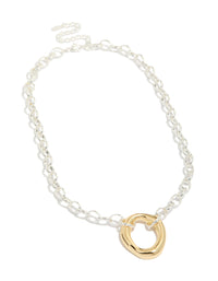 Designed with waterproof mixed metal plated stainless steel, this organic round pendant necklace in gold and silver front view - link has visual effect only