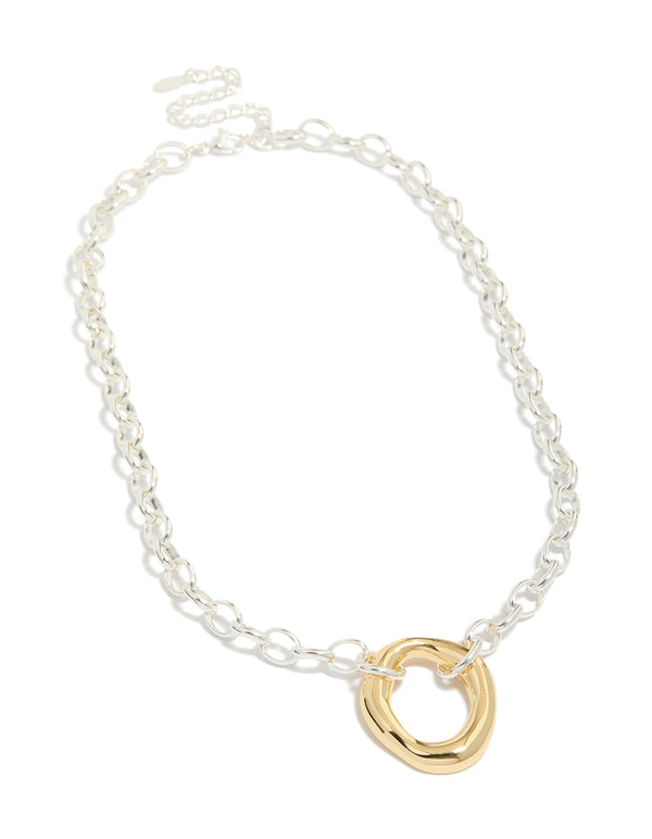 Designed with waterproof mixed metal plated stainless steel, this organic round pendant necklace in gold and silver front view
