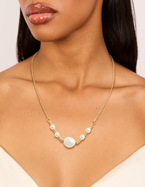 Stunning waterproof gold plated stainless steel pearls chain necklace with balls in statement style on neck view