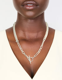 Presenting a waterproof stainless steel long curb chain toggle necklace with silver plated finish in statement style on neck view - link has visual effect only